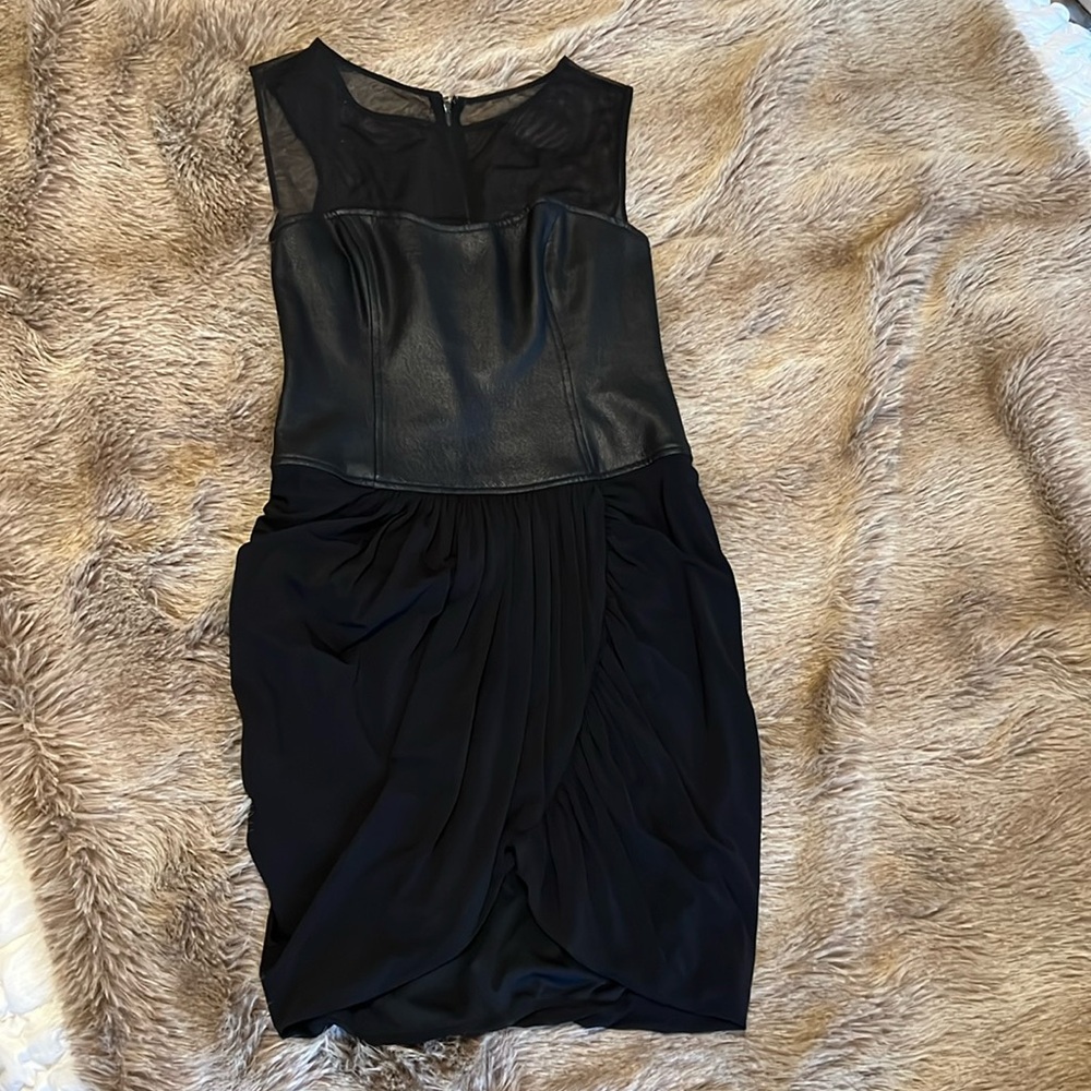 Bcbgmaxazria faux leather/tulle tulip dress M